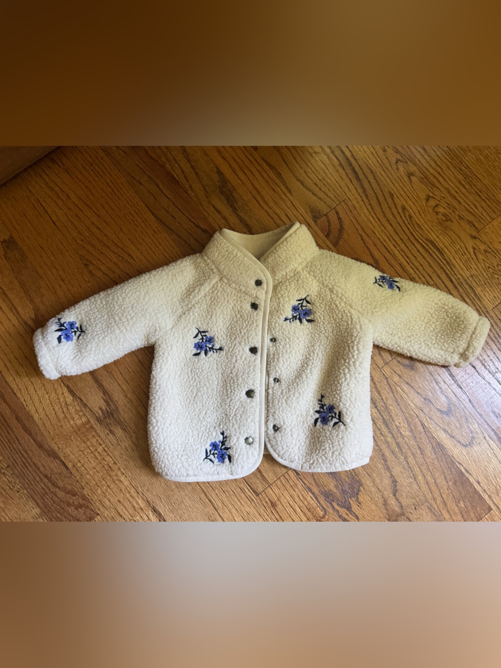 Old Navy Cream Sherpa Jacket with Blue Floral Embroidery